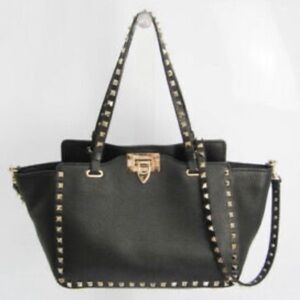 Black Valentino Garavani Rockstud Calfskin Leather Tote w/ Detachable Strap